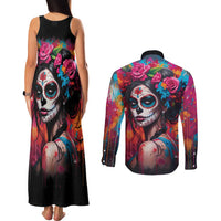 Mexico Day Of The Dead Couples Matching Tank Maxi Dress and Long Sleeve Button Shirt Rose Catrina Goddess Sugar Skull - Wonder Print Shop