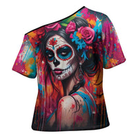 Mexico Day Of The Dead Cross Shoulder Shirt Rose Catrina Goddess Sugar Skull - Wonder Print Shop