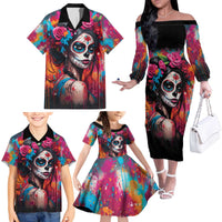 Mexico Day Of The Dead Family Matching Off The Shoulder Long Sleeve Dress and Hawaiian Shirt Rose Catrina Goddess Sugar Skull - Wonder Print Shop