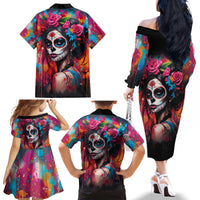 Mexico Day Of The Dead Family Matching Off The Shoulder Long Sleeve Dress and Hawaiian Shirt Rose Catrina Goddess Sugar Skull - Wonder Print Shop
