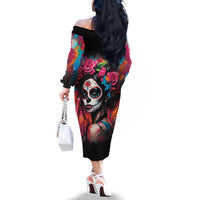 Mexico Day Of The Dead Family Matching Off The Shoulder Long Sleeve Dress and Hawaiian Shirt Rose Catrina Goddess Sugar Skull - Wonder Print Shop