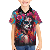 Mexico Day Of The Dead Family Matching Off The Shoulder Long Sleeve Dress and Hawaiian Shirt Rose Catrina Goddess Sugar Skull - Wonder Print Shop