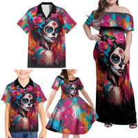 Mexico Day Of The Dead Family Matching Off Shoulder Maxi Dress and Hawaiian Shirt Rose Catrina Goddess Sugar Skull - Wonder Print Shop
