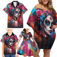 Mexico Day Of The Dead Family Matching Off Shoulder Short Dress and Hawaiian Shirt Rose Catrina Goddess Sugar Skull - Wonder Print Shop