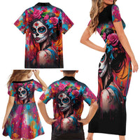 Mexico Day Of The Dead Family Matching Short Sleeve Bodycon Dress and Hawaiian Shirt Rose Catrina Goddess Sugar Skull - Wonder Print Shop