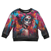 Mexico Day Of The Dead Kid Ugly Christmas Sweater Rose Catrina Goddess Sugar Skull - Wonder Print Shop