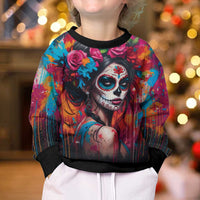 Mexico Day Of The Dead Kid Ugly Christmas Sweater Rose Catrina Goddess Sugar Skull - Wonder Print Shop