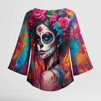 Mexico Day Of The Dead Kimono Sleeve Blouse Rose Catrina Goddess Sugar Skull - Wonder Print Shop
