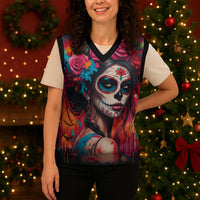 Mexico Day Of The Dead Christmas Knitted V-Neck Vest Rose Catrina Goddess Sugar Skull - Wonder Print Shop