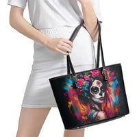 Mexico Day Of The Dead Leather Tote Bag Rose Catrina Goddess Sugar Skull - Wonder Print Shop