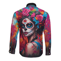 Mexico Day Of The Dead Long Sleeve Button Shirt Rose Catrina Goddess Sugar Skull - Wonder Print Shop