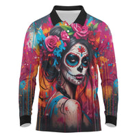 Mexico Day Of The Dead Long Sleeve Polo Shirt Rose Catrina Goddess Sugar Skull - Wonder Print Shop