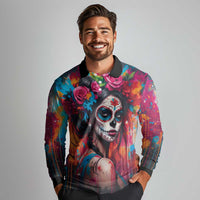 Mexico Day Of The Dead Long Sleeve Polo Shirt Rose Catrina Goddess Sugar Skull - Wonder Print Shop