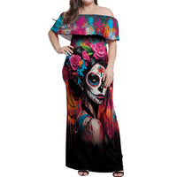 Mexico Day Of The Dead Off Shoulder Maxi Dress Rose Catrina Goddess Sugar Skull - Wonder Print Shop