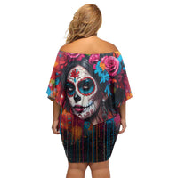 Mexico Day Of The Dead Off Shoulder Short Dress Rose Catrina Goddess Sugar Skull - Wonder Print Shop