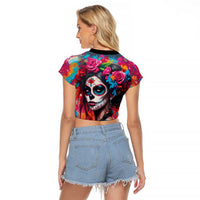 Mexico Day Of The Dead Raglan Cropped T Shirt Rose Catrina Goddess Sugar Skull - Wonder Print Shop