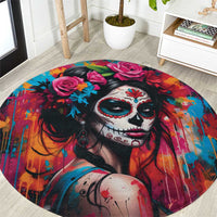 Mexico Day Of The Dead Round Carpet Rose Catrina Goddess Sugar Skull - Wonder Print Shop