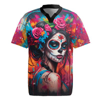 Mexico Day Of The Dead Rugby Jersey Rose Catrina Goddess Sugar Skull - Wonder Print Shop