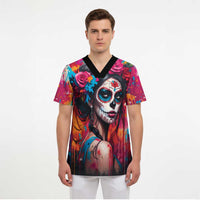 Mexico Day Of The Dead Scrub Top Rose Catrina Goddess Sugar Skull - Wonder Print Shop