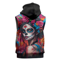 Mexico Day Of The Dead Sleeveless Hoodie Rose Catrina Goddess Sugar Skull - Wonder Print Shop