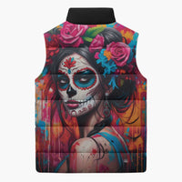 Mexico Day Of The Dead Sleeveless Puffer Jacket Rose Catrina Goddess Sugar Skull - Wonder Print Shop