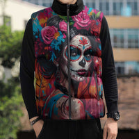 Mexico Day Of The Dead Sleeveless Puffer Jacket Rose Catrina Goddess Sugar Skull - Wonder Print Shop