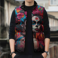 Mexico Day Of The Dead Sleeveless Puffer Jacket Rose Catrina Goddess Sugar Skull - Wonder Print Shop