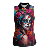Mexico Day Of The Dead Women Sleeveless Polo Shirt Rose Catrina Goddess Sugar Skull - Wonder Print Shop
