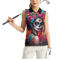 Mexico Day Of The Dead Women Sleeveless Polo Shirt Rose Catrina Goddess Sugar Skull - Wonder Print Shop