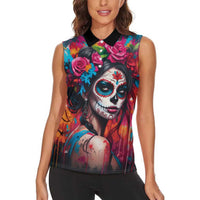 Mexico Day Of The Dead Women Sleeveless Polo Shirt Rose Catrina Goddess Sugar Skull - Wonder Print Shop