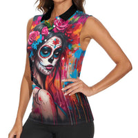 Mexico Day Of The Dead Women Sleeveless Polo Shirt Rose Catrina Goddess Sugar Skull - Wonder Print Shop