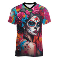 Mexico Day Of The Dead Women V-Neck T-Shirt Rose Catrina Goddess Sugar Skull - Wonder Print Shop