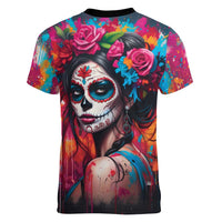 Mexico Day Of The Dead Women V-Neck T-Shirt Rose Catrina Goddess Sugar Skull - Wonder Print Shop