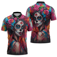 Mexico Day Of The Dead Zipper Polo Shirt Rose Catrina Goddess Sugar Skull - Wonder Print Shop