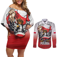 Poland Independence Day Couples Matching Off Shoulder Short Dress and Long Sleeve Button Shirt Polska White Eagle and Flag Style - Wonder Print Shop