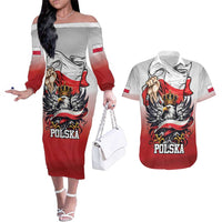 Poland Independence Day Couples Matching Off The Shoulder Long Sleeve Dress and Hawaiian Shirt Polska White Eagle and Flag Style - Wonder Print Shop