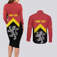 Personalised Anglesey Wales Couples Matching Long Sleeve Bodycon Dress and Long Sleeve Button Shirt Ynys Mon Welsh Lion Flag Design - Wonder Print Shop