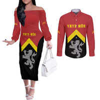 Personalised Anglesey Wales Couples Matching Off The Shoulder Long Sleeve Dress and Long Sleeve Button Shirt Ynys Mon Welsh Lion Flag Design - Wonder Print Shop
