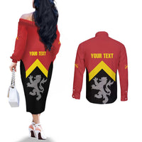 Personalised Anglesey Wales Couples Matching Off The Shoulder Long Sleeve Dress and Long Sleeve Button Shirt Ynys Mon Welsh Lion Flag Design - Wonder Print Shop