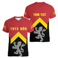Personalised Anglesey Wales Women V-Neck T-Shirt Ynys Mon Welsh Lion Flag Design - Wonder Print Shop