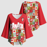 Canada Football Kimono Sleeve Blouse Patchwork Icons and Maple Leaf Pattern - Wonder Print Shop
