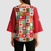 Canada Football Kimono Sleeve Blouse Patchwork Icons and Maple Leaf Pattern - Wonder Print Shop