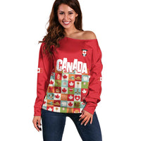 Canada Football Off Shoulder Sweater Patchwork Icons and Maple Leaf Pattern - Wonder Print Shop