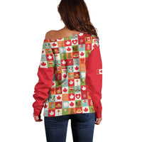 Canada Football Off Shoulder Sweater Patchwork Icons and Maple Leaf Pattern - Wonder Print Shop