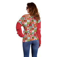 Canada Football Off Shoulder Sweater Patchwork Icons and Maple Leaf Pattern - Wonder Print Shop
