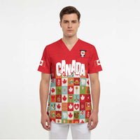 Canada Football Scrub Top Patchwork Icons and Maple Leaf Pattern - Wonder Print Shop