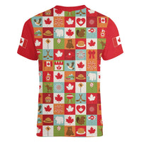 Canada Football Women V-Neck T-Shirt Patchwork Icons and Maple Leaf Pattern - Wonder Print Shop