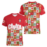 Canada Football Women V-Neck T-Shirt Patchwork Icons and Maple Leaf Pattern - Wonder Print Shop