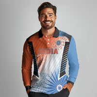 Custom India Cricket Long Sleeve Polo Shirt Men In Blue Ashoka Chakra Pride