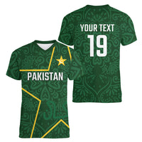 Custom Pakistan Cricket Women V-Neck T-Shirt Shaheens Crescent Star Spirit